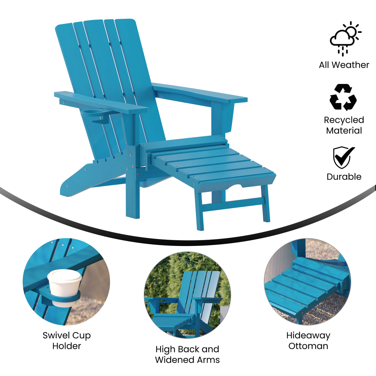 Blue |#| Commercial All-Weather Adirondack Chair with Pullout Ottoman & Cupholder - Blue