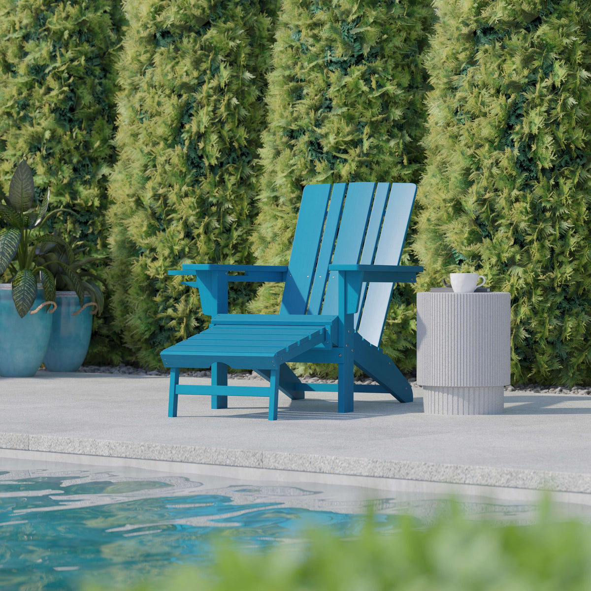 Blue |#| Commercial All-Weather Adirondack Chair with Pullout Ottoman & Cupholder - Blue