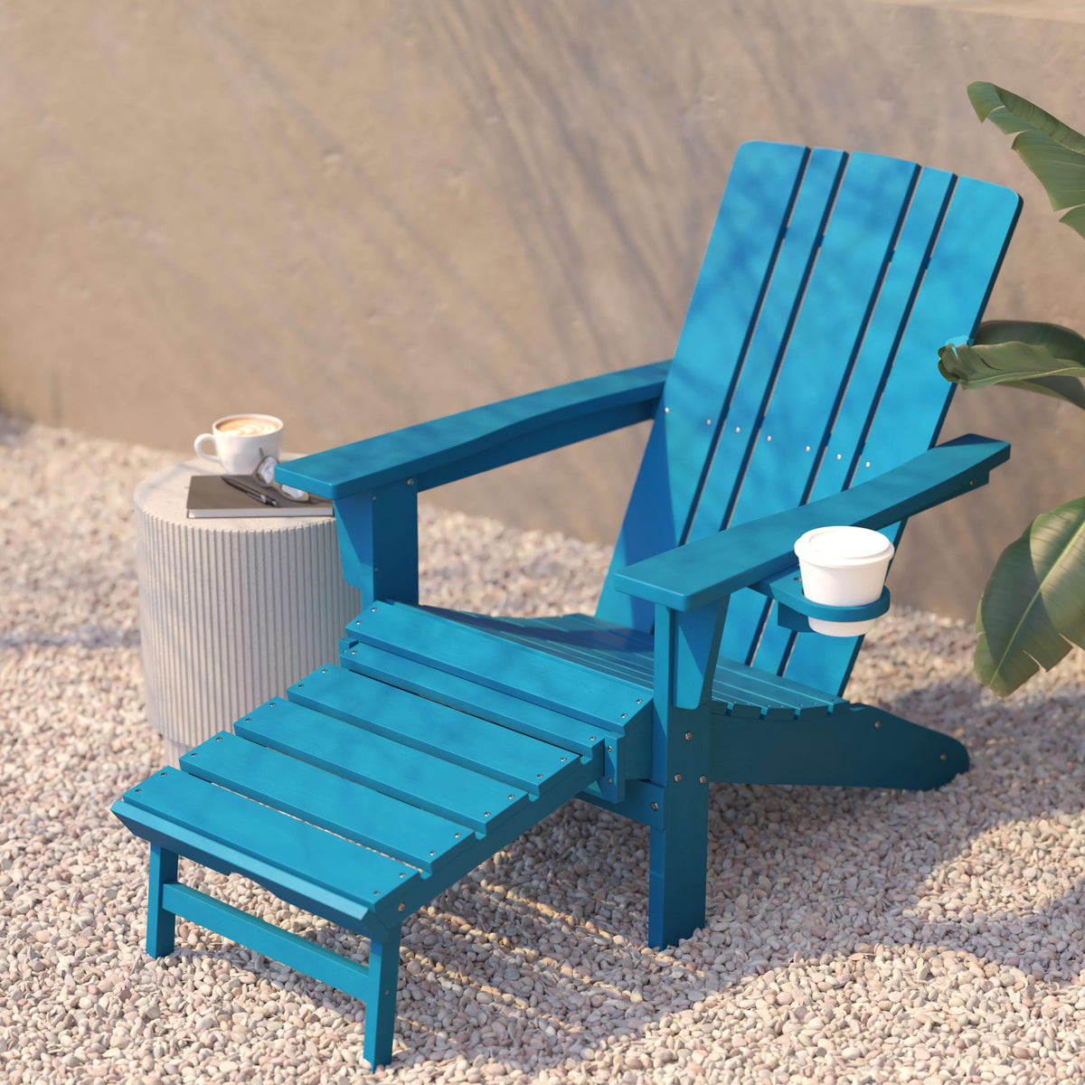 Blue |#| Commercial All-Weather Adirondack Chair with Pullout Ottoman & Cupholder - Blue