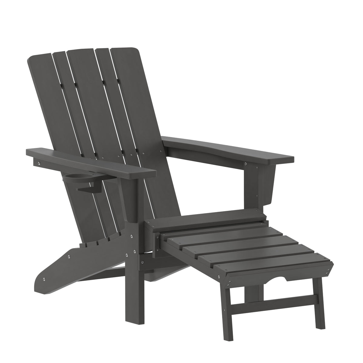 Gray |#| Commercial All-Weather Adirondack Chair with Pullout Ottoman & Cupholder - Gray