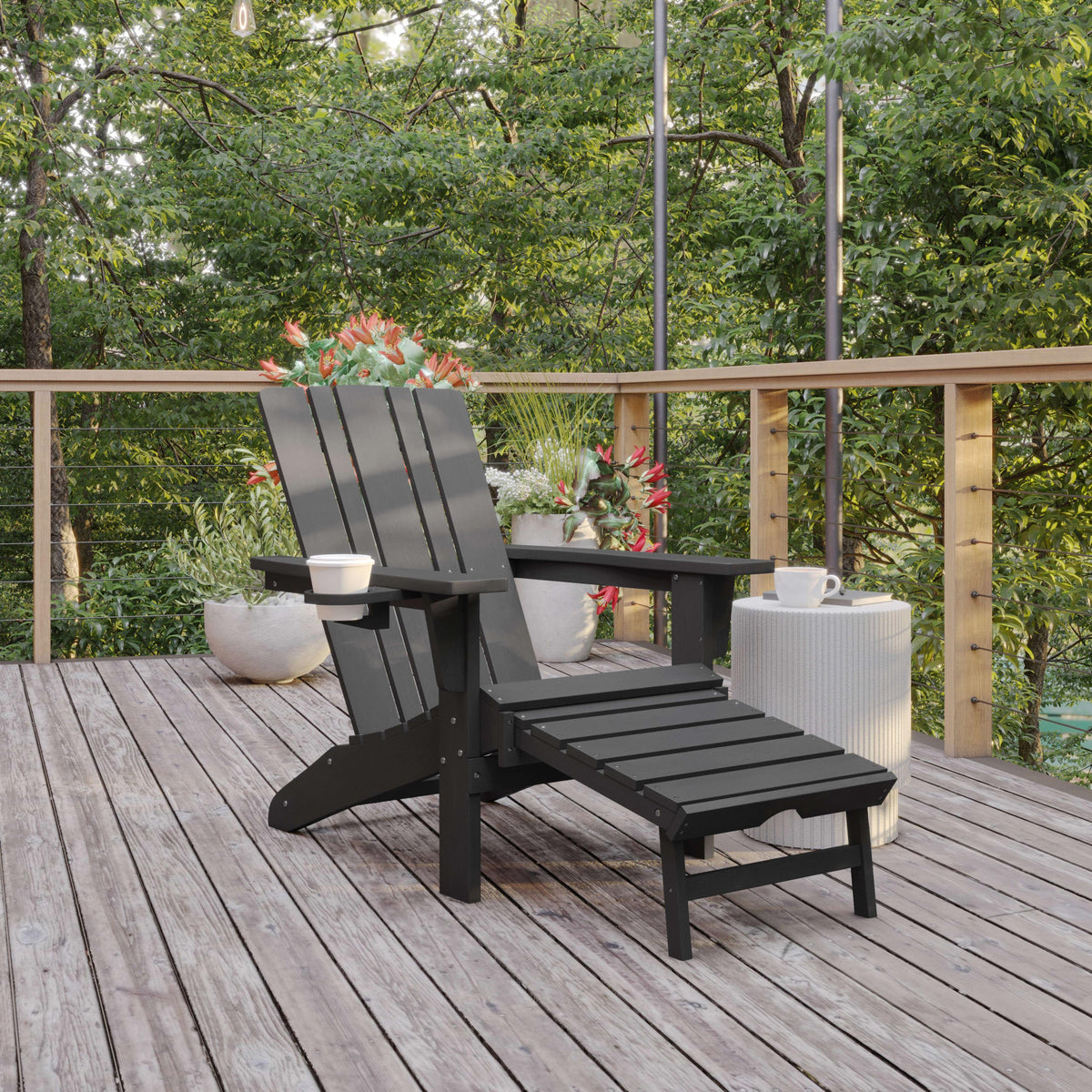 Gray |#| Commercial All-Weather Adirondack Chair with Pullout Ottoman & Cupholder - Gray