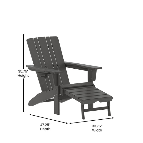 Gray |#| Commercial All-Weather Adirondack Chair with Pullout Ottoman & Cupholder - Gray