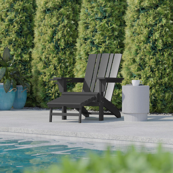 Gray |#| Commercial All-Weather Adirondack Chair with Pullout Ottoman & Cupholder - Gray