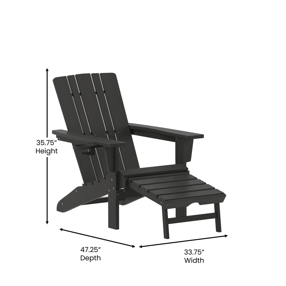 Black |#| Commercial All-Weather Adirondack Chair with Pullout Ottoman & Cupholder - Black