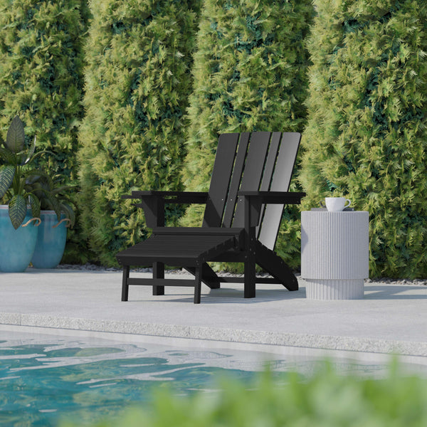 Black |#| Commercial All-Weather Adirondack Chair with Pullout Ottoman & Cupholder - Black