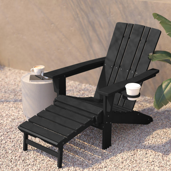 Black |#| Commercial All-Weather Adirondack Chair with Pullout Ottoman & Cupholder - Black