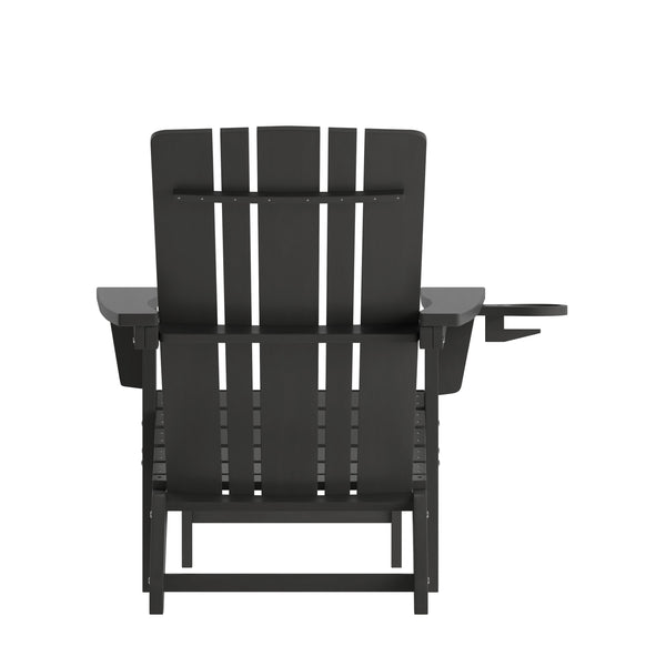 Black |#| Commercial All-Weather Adirondack Chair with Pullout Ottoman & Cupholder - Black