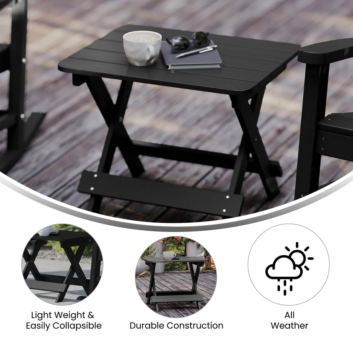 Black |#| Commercial Grade All-Weather Portable Folding Adirondack Side Table - Black