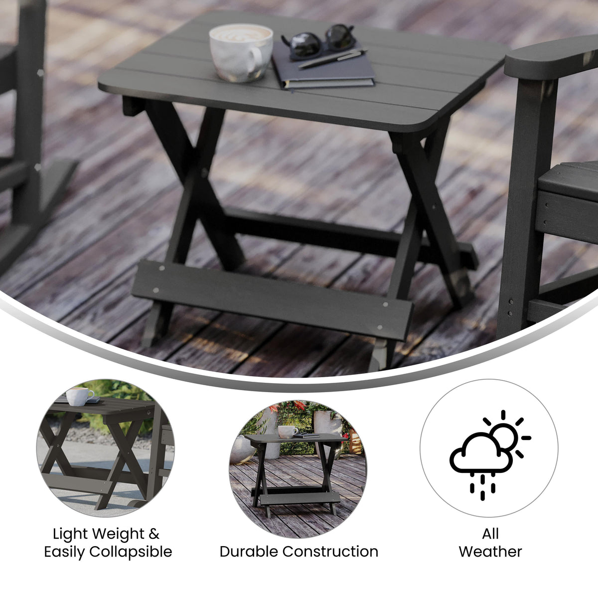 Gray |#| Commercial Grade All-Weather Portable Folding Adirondack Side Table - Gray