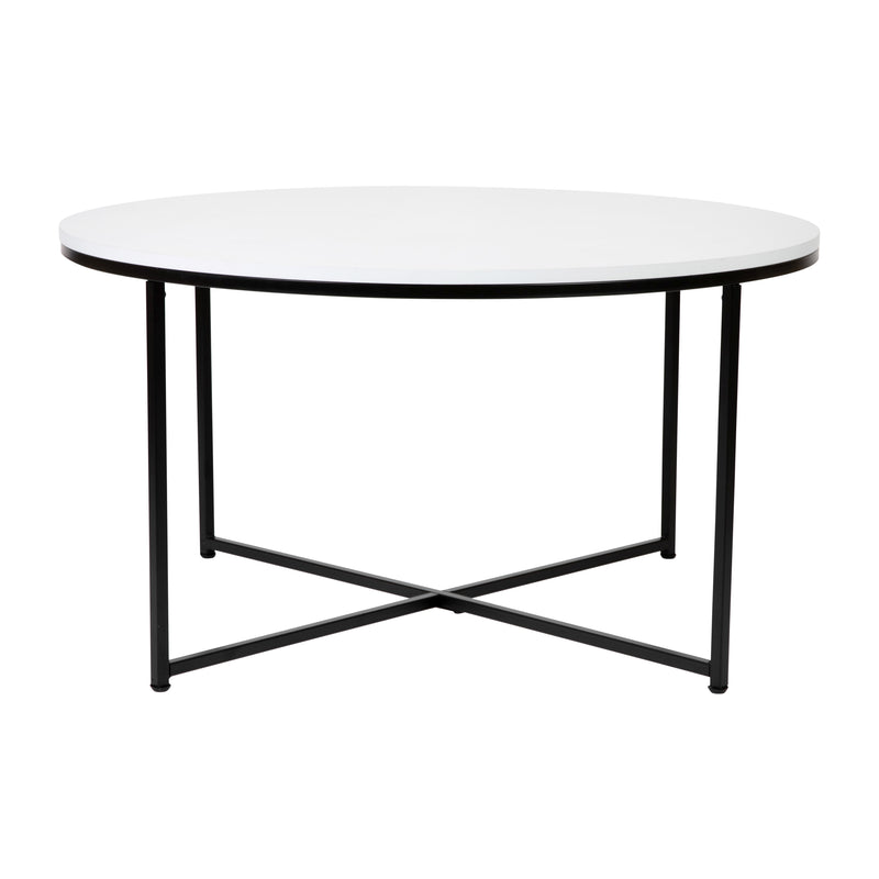 White Top/Matte Black Frame |#| White Laminate Living Room Coffee Table with Crisscross Matte Black Metal Frame
