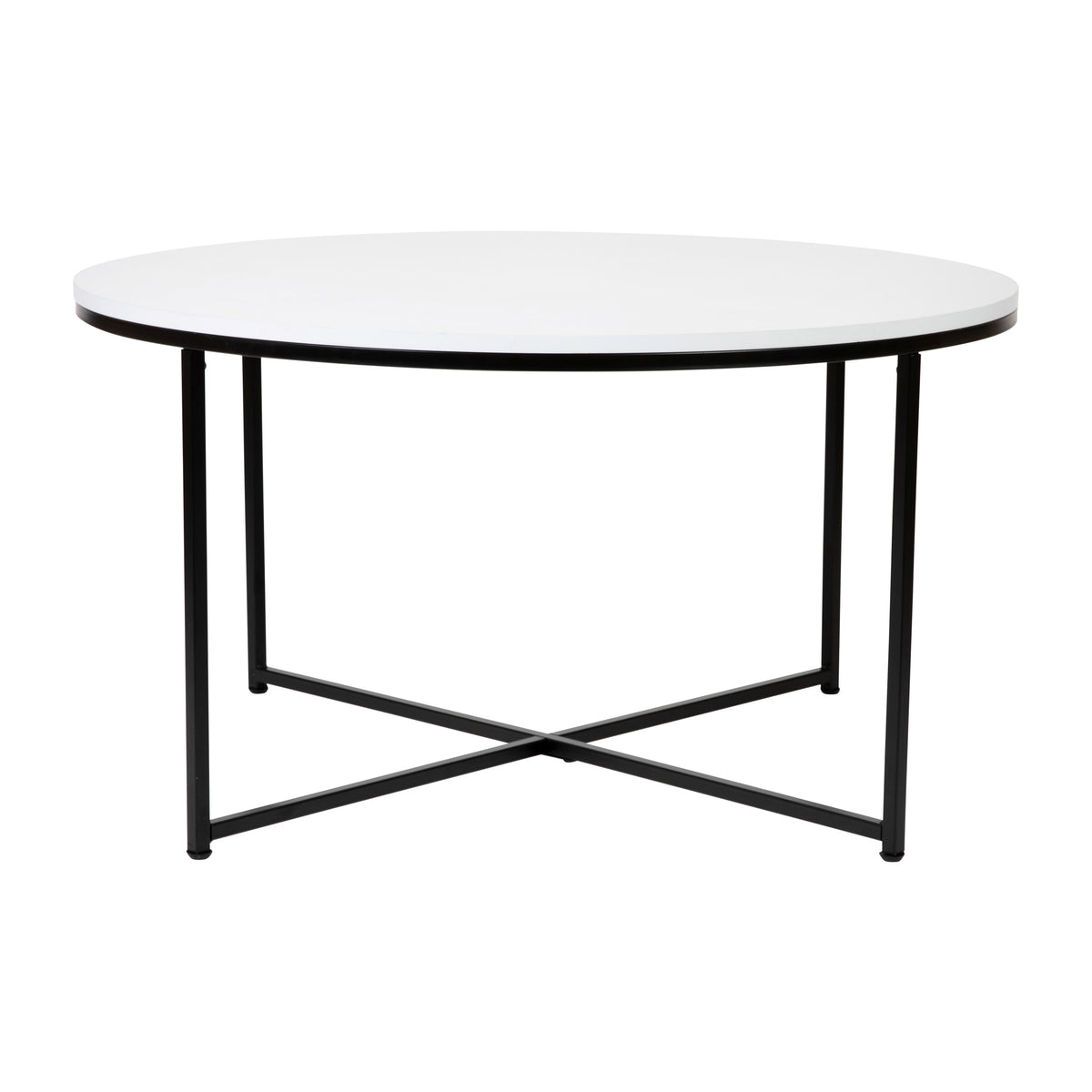 White Top/Matte Black Frame |#| White Laminate Living Room Coffee Table with Crisscross Matte Black Metal Frame