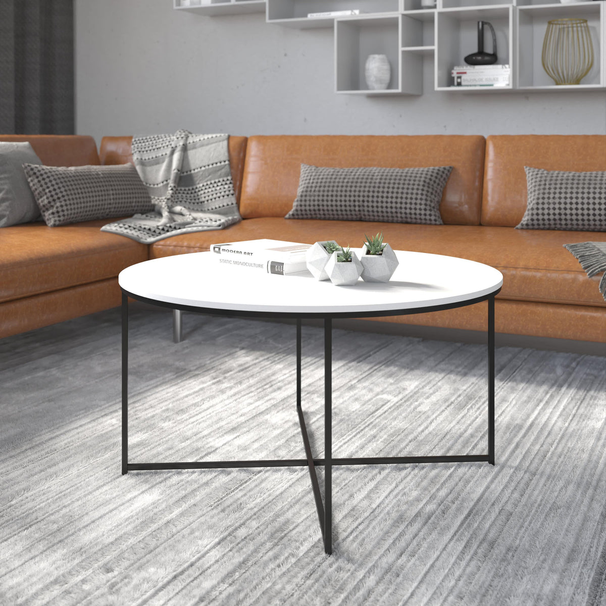 White Top/Matte Black Frame |#| White Laminate Living Room Coffee Table with Crisscross Matte Black Metal Frame