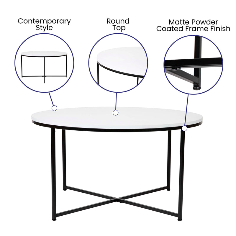 White Top/Matte Black Frame |#| White Laminate Living Room Coffee Table with Crisscross Matte Black Metal Frame