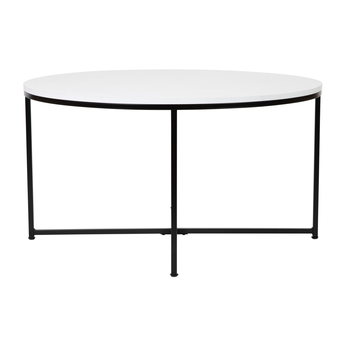 White Top/Matte Black Frame |#| White Laminate Living Room Coffee Table with Crisscross Matte Black Metal Frame