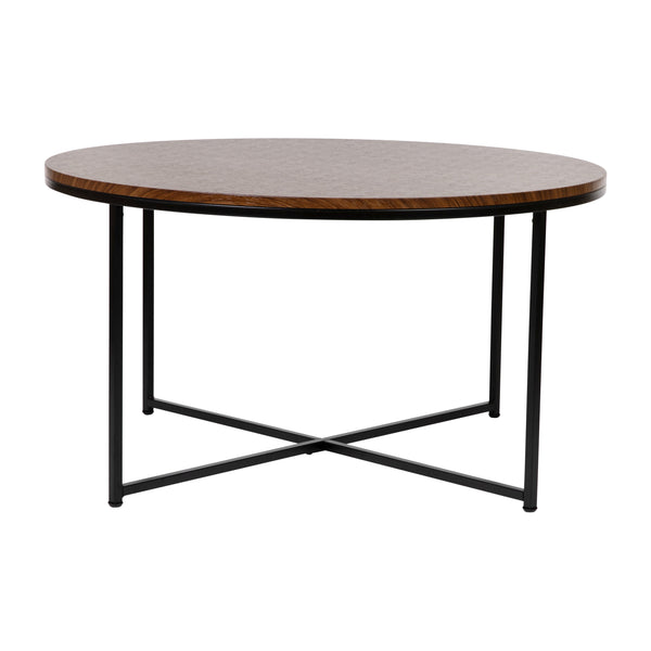 Walnut Top/Matte Black Frame |#| Walnut Finish Laminate Coffee Table with Crisscross Matte Black Metal Frame