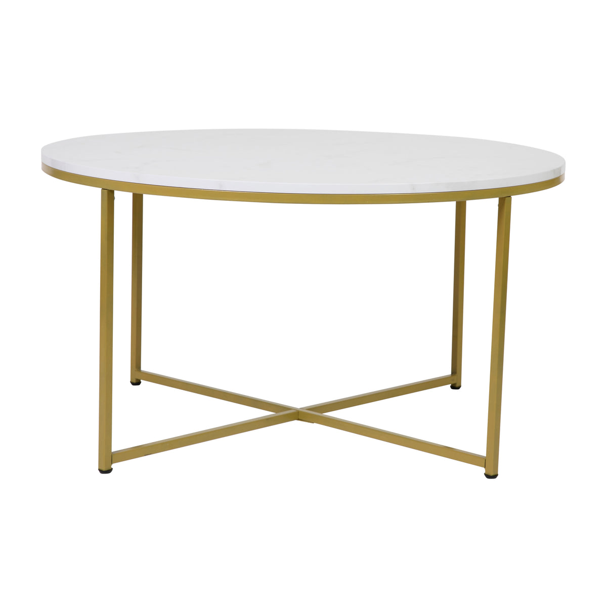 White Marble Top/Brushed Gold Frame |#| White Marble Finish Coffee Table with Crisscross Brushed Gold Metal Frame