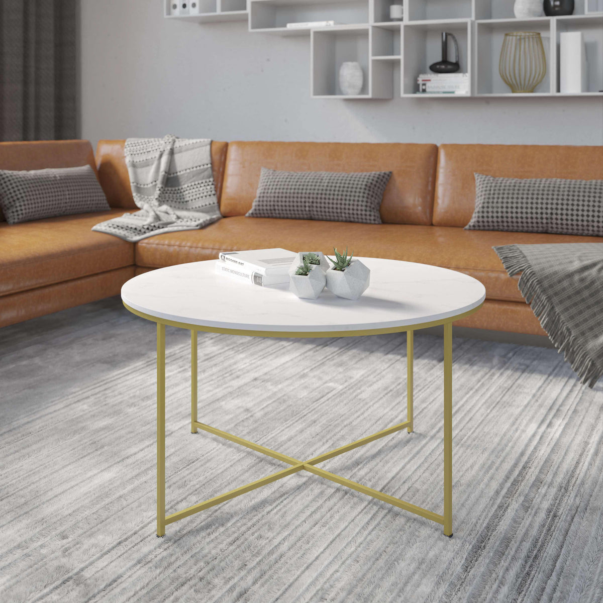 White Marble Top/Brushed Gold Frame |#| White Marble Finish Coffee Table with Crisscross Brushed Gold Metal Frame