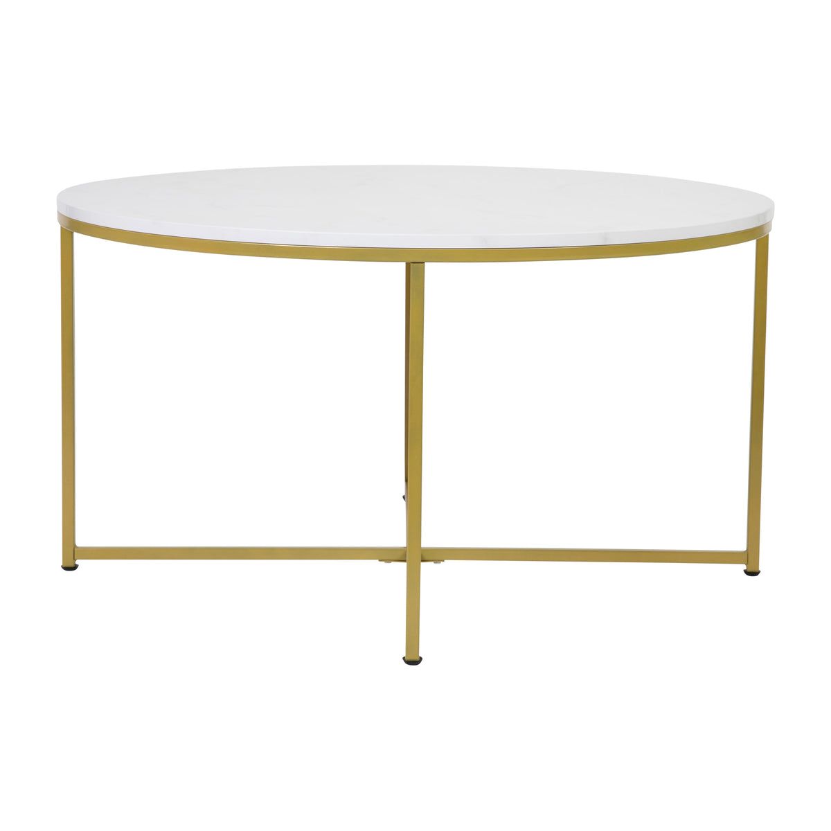 White Marble Top/Brushed Gold Frame |#| White Marble Finish Coffee Table with Crisscross Brushed Gold Metal Frame