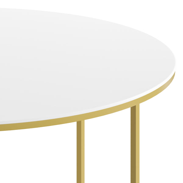 White Top/Brushed Gold Frame |#| White Laminate Living Room Coffee Table with Crisscross Brushed Gold Metal Frame