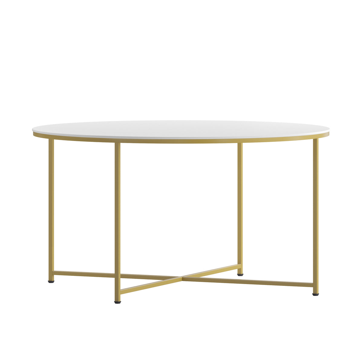 White Top/Brushed Gold Frame |#| White Laminate Living Room Coffee Table with Crisscross Brushed Gold Metal Frame