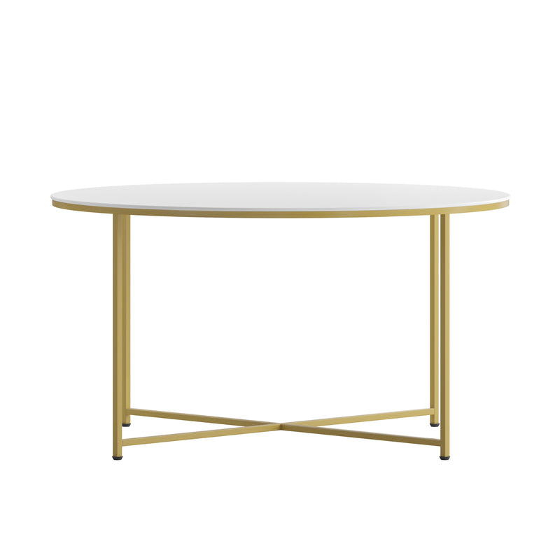 White Top/Brushed Gold Frame |#| White Laminate Living Room Coffee Table with Crisscross Brushed Gold Metal Frame