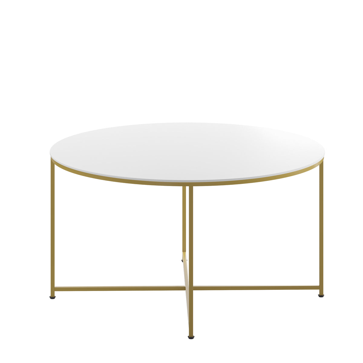 White Top/Brushed Gold Frame |#| White Laminate Living Room Coffee Table with Crisscross Brushed Gold Metal Frame