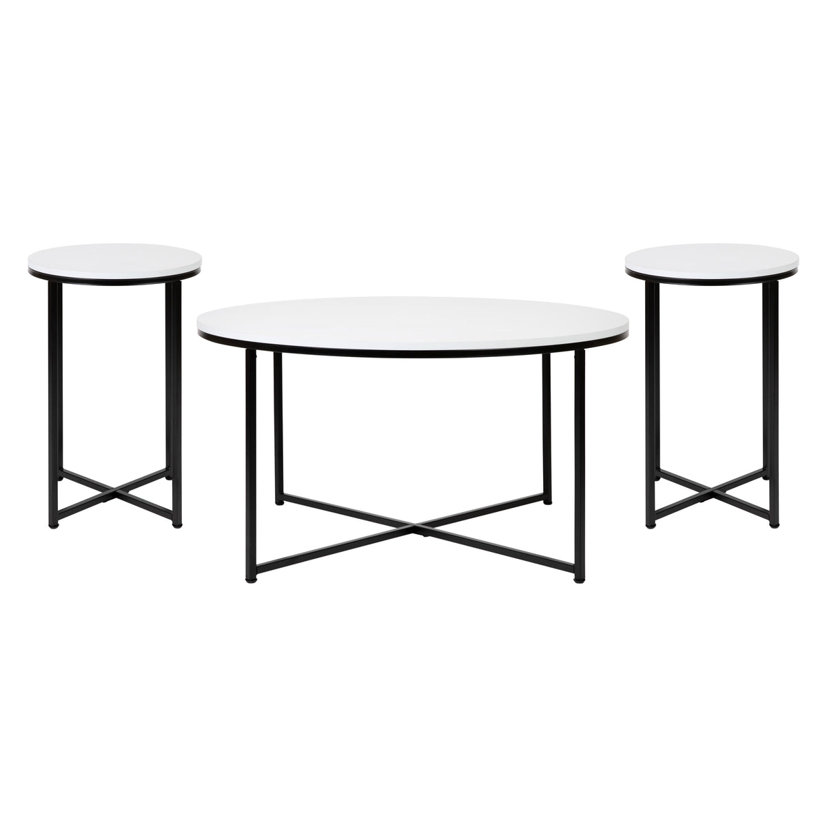White Top/Matte Black Frame |#| White Finish Table Set with Matte Black X Metal Frame-Coffee Table-2 End Tables