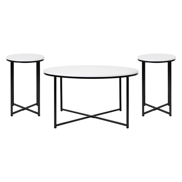 White Top/Matte Black Frame |#| White Finish Table Set with Matte Black X Metal Frame-Coffee Table-2 End Tables