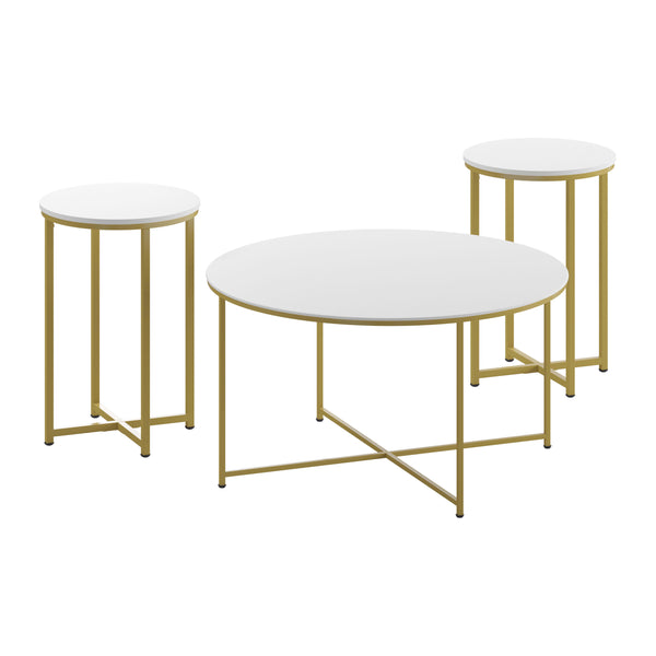 White Top/Brushed Gold Frame |#| White Finish Table Set with Brushed Gold X Metal Frame-Coffee Table-2 End Tables