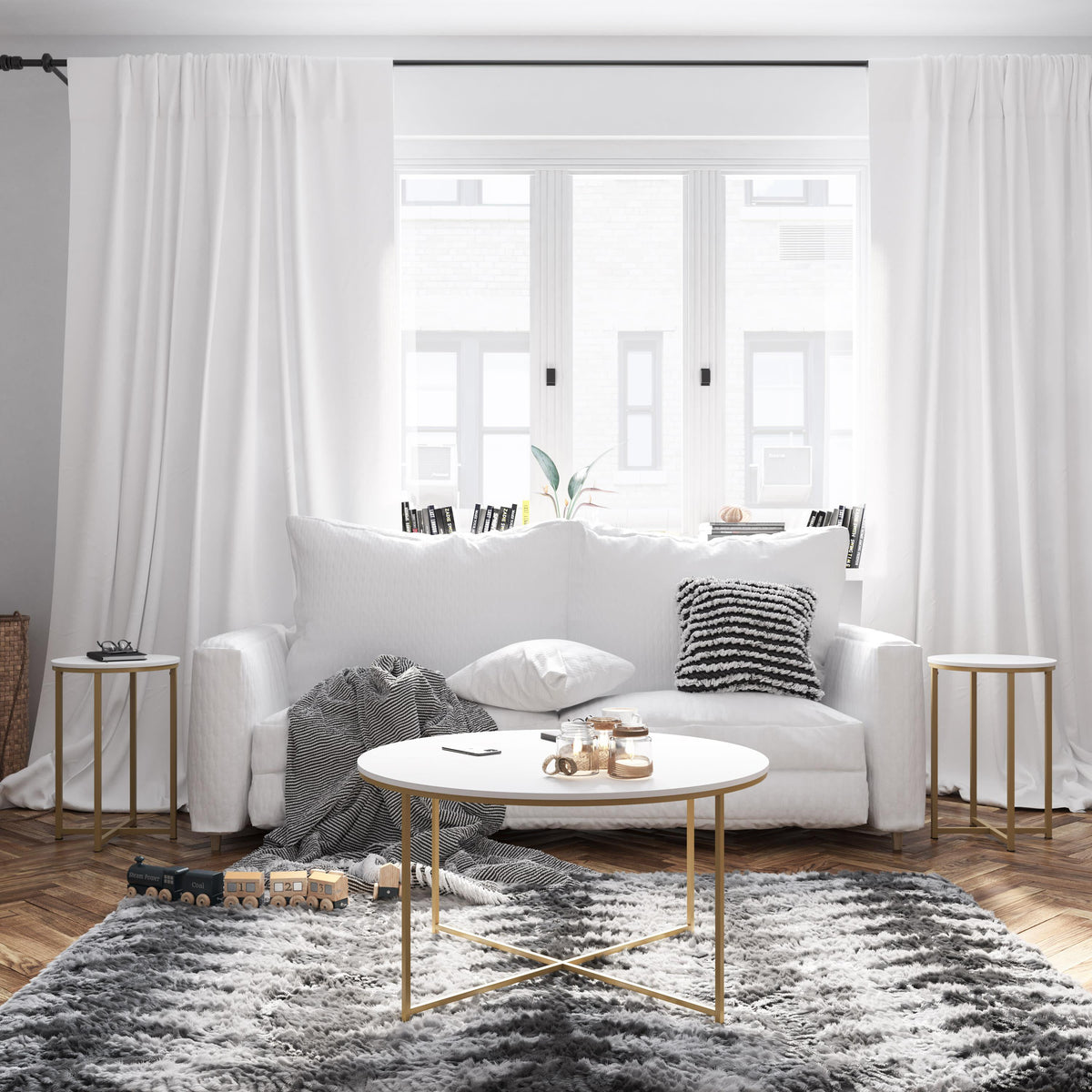 White Top/Brushed Gold Frame |#| White Finish Table Set with Brushed Gold X Metal Frame-Coffee Table-2 End Tables