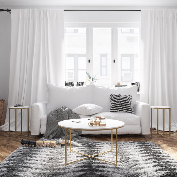 White Top/Brushed Gold Frame |#| White Finish Table Set with Brushed Gold X Metal Frame-Coffee Table-2 End Tables