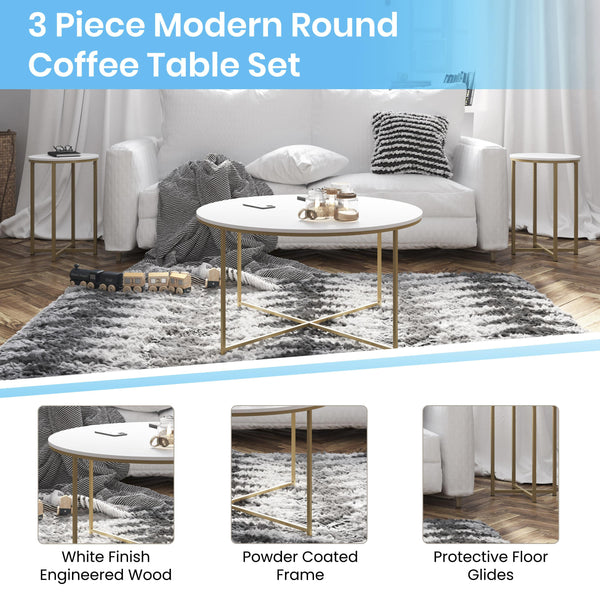 White Top/Brushed Gold Frame |#| White Finish Table Set with Brushed Gold X Metal Frame-Coffee Table-2 End Tables