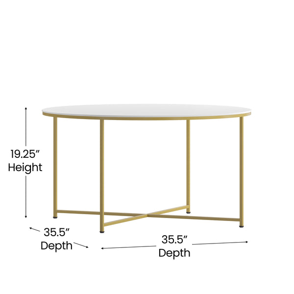 White Top/Brushed Gold Frame |#| White Finish Table Set with Brushed Gold X Metal Frame-Coffee Table-2 End Tables