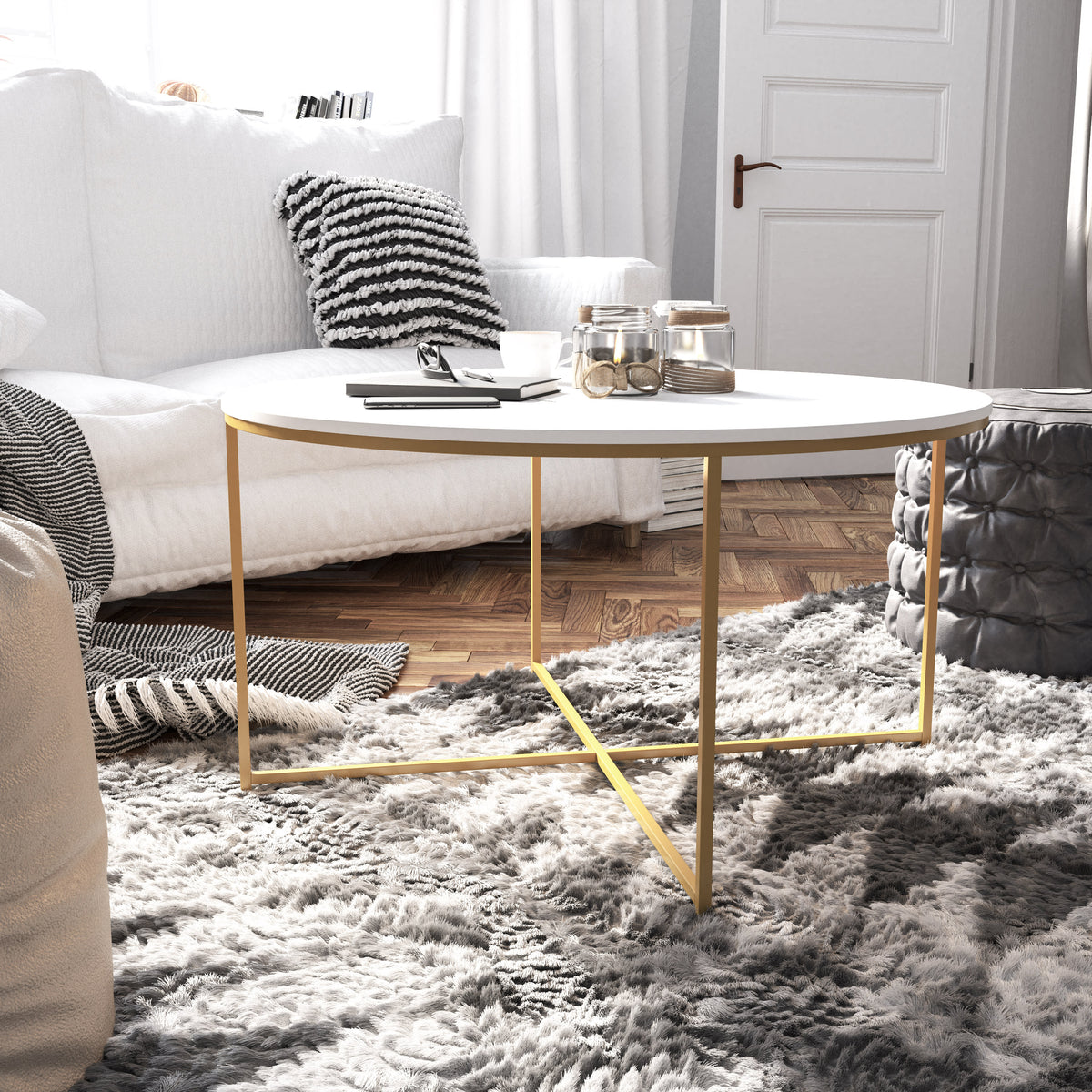 White Top/Brushed Gold Frame |#| White Finish Table Set with Brushed Gold X Metal Frame-Coffee Table-2 End Tables