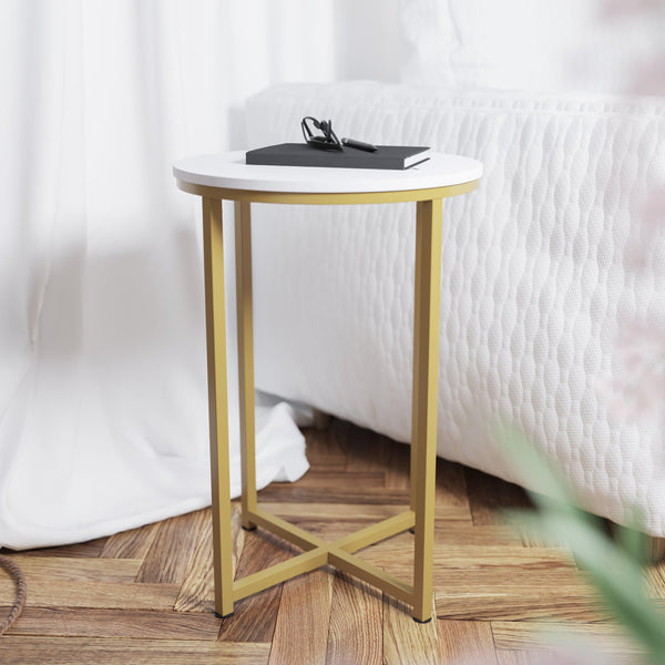 White Top/Brushed Gold Frame |#| White Finish Table Set with Brushed Gold X Metal Frame-Coffee Table-2 End Tables