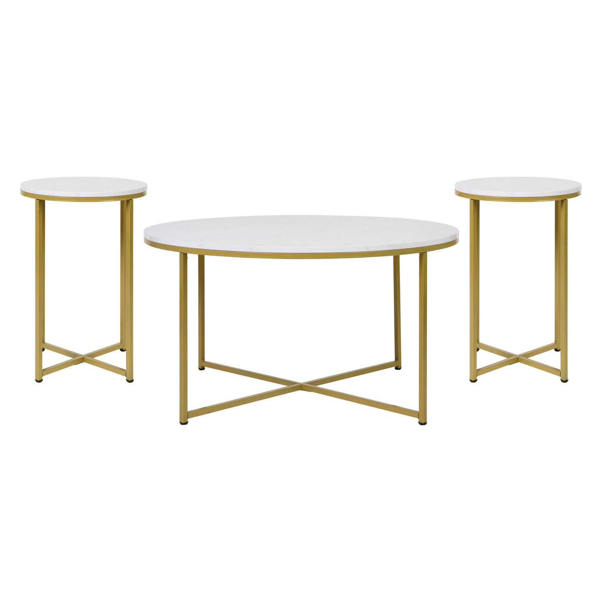 White Marble Top/Brushed Gold Frame |#| Marble Finish Table Set - Brushed Gold X Metal Frame-Coffee Table-2 End Tables