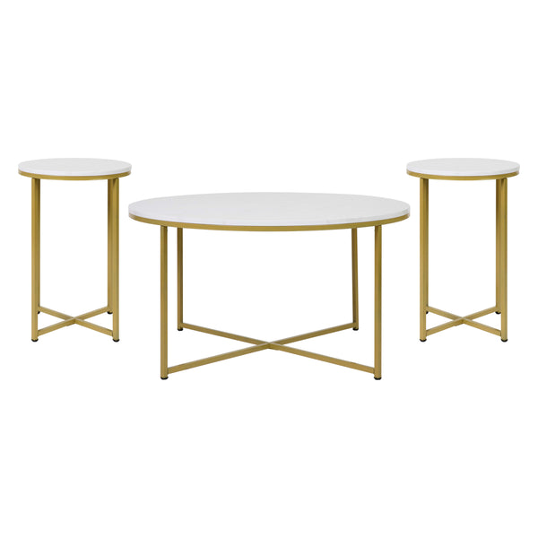 White Marble Top/Brushed Gold Frame |#| Marble Finish Table Set - Brushed Gold X Metal Frame-Coffee Table-2 End Tables