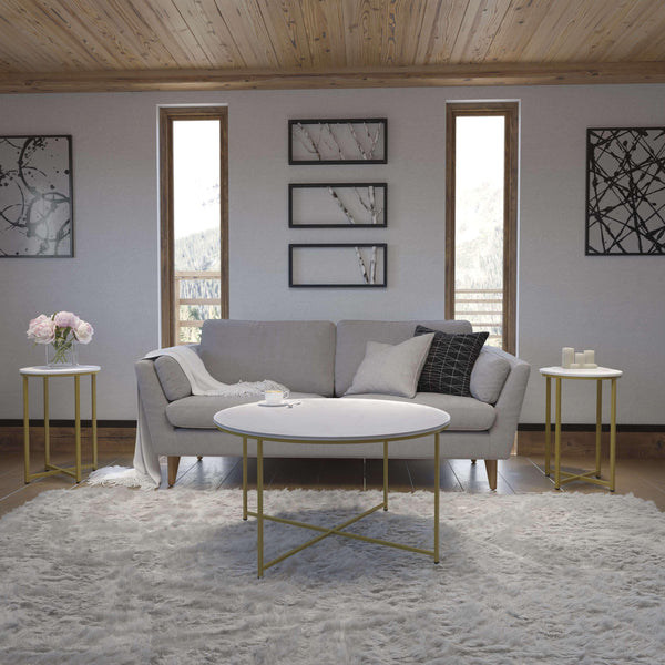 White Marble Top/Brushed Gold Frame |#| Marble Finish Table Set - Brushed Gold X Metal Frame-Coffee Table-2 End Tables