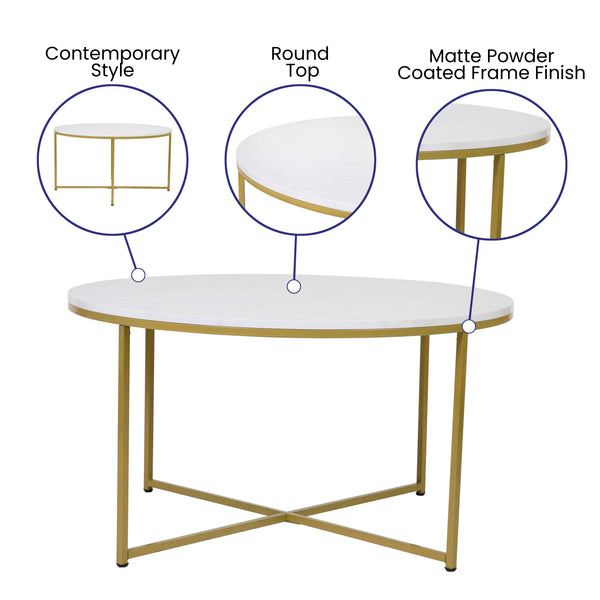 White Marble Top/Brushed Gold Frame |#| Marble Finish Table Set - Brushed Gold X Metal Frame-Coffee Table-2 End Tables