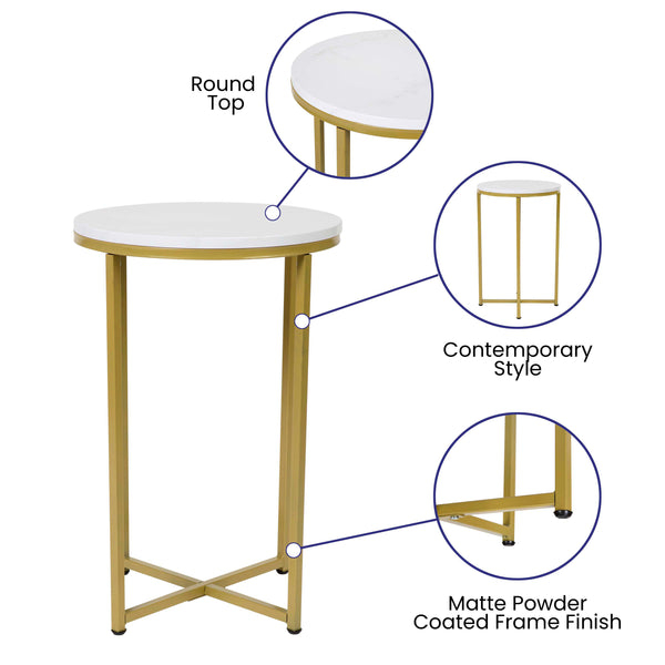 White Marble Top/Brushed Gold Frame |#| Marble Finish Table Set - Brushed Gold X Metal Frame-Coffee Table-2 End Tables