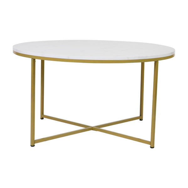 White Marble Top/Brushed Gold Frame |#| Marble Finish Table Set - Brushed Gold X Metal Frame-Coffee Table-2 End Tables