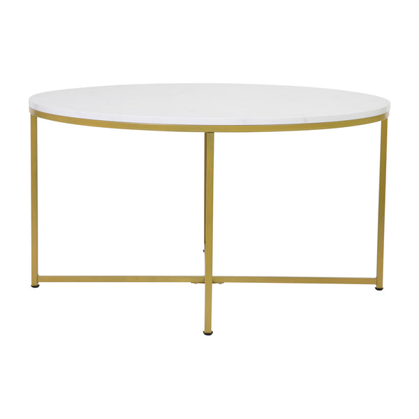 White Marble Top/Brushed Gold Frame |#| Marble Finish Table Set - Brushed Gold X Metal Frame-Coffee Table-2 End Tables