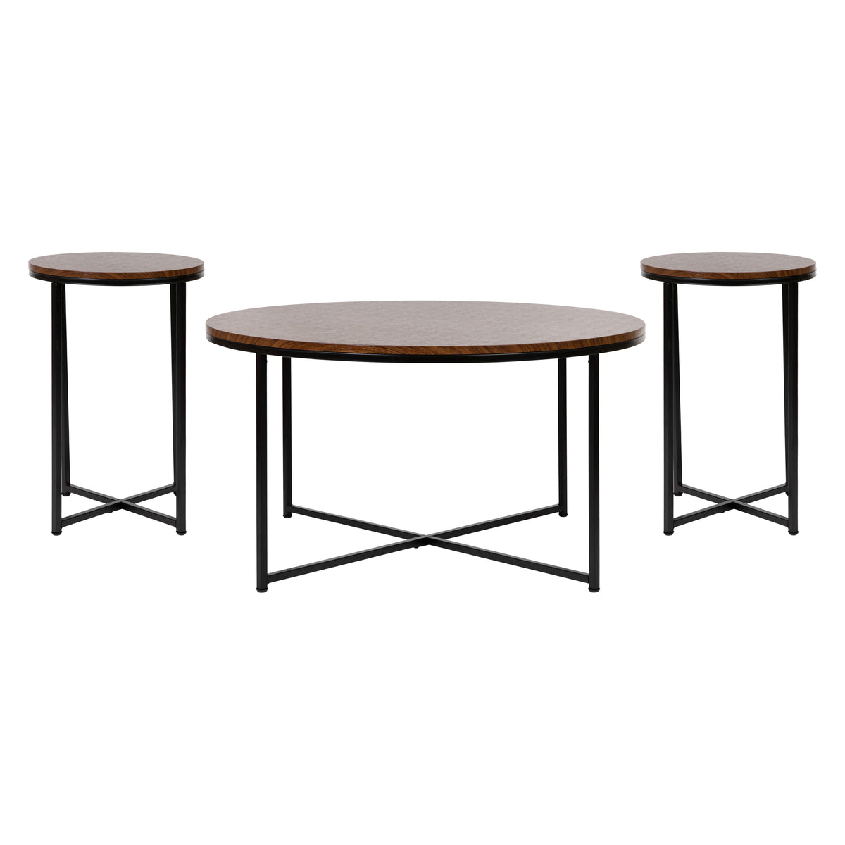 Walnut Top/Matte Black Frame |#| Walnut Finish Table Set with Matte Black X Metal Frame-Coffee Table-2 End Tables