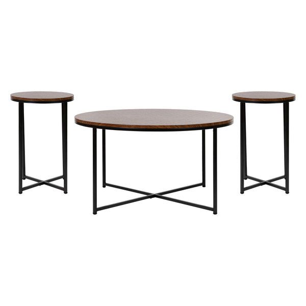 Walnut Top/Matte Black Frame |#| Walnut Finish Table Set with Matte Black X Metal Frame-Coffee Table-2 End Tables