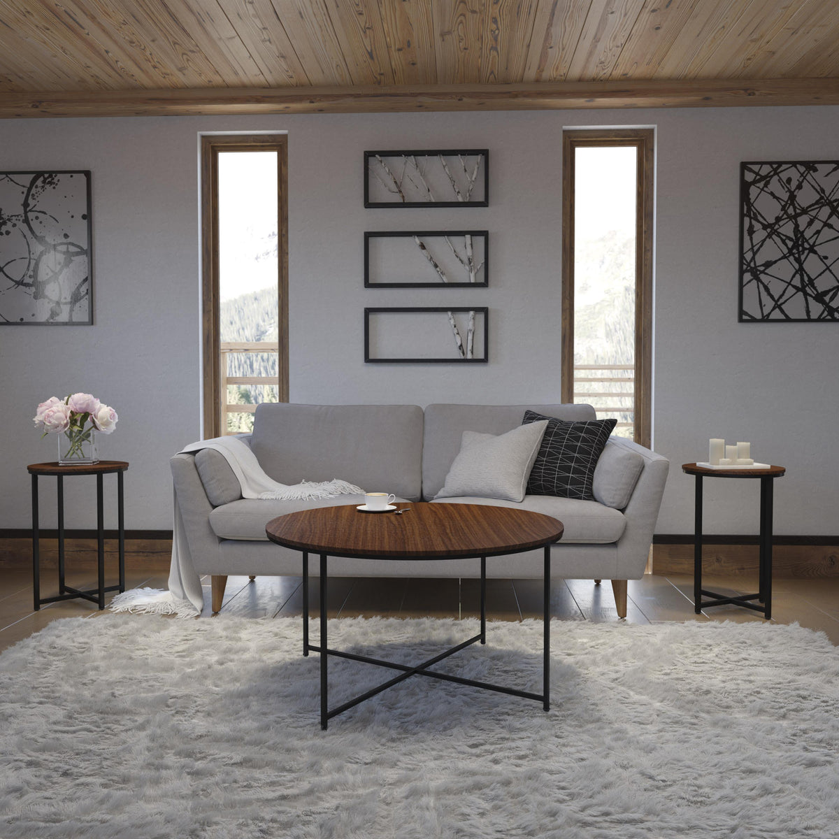 Walnut Top/Matte Black Frame |#| Walnut Finish Table Set with Matte Black X Metal Frame-Coffee Table-2 End Tables