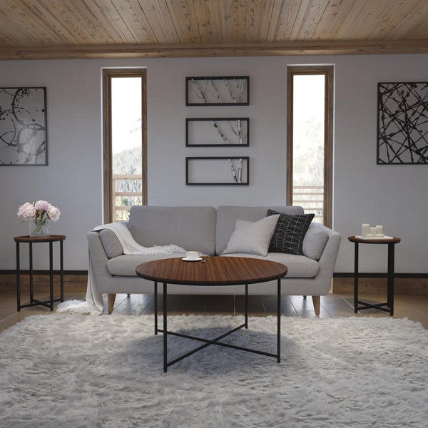 Walnut Top/Matte Black Frame |#| Walnut Finish Table Set with Matte Black X Metal Frame-Coffee Table-2 End Tables