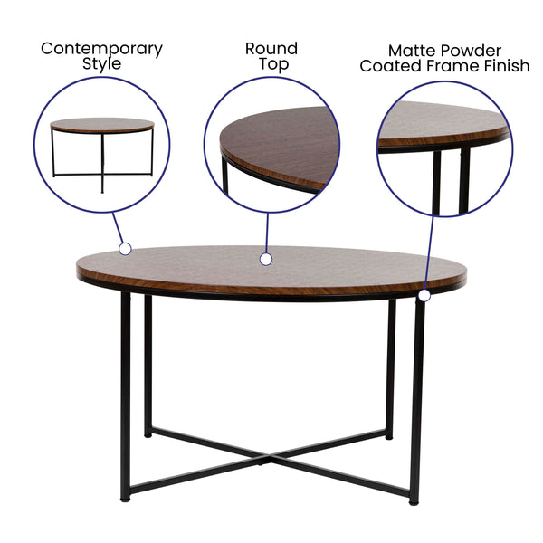 Walnut Top/Matte Black Frame |#| Walnut Finish Table Set with Matte Black X Metal Frame-Coffee Table-2 End Tables
