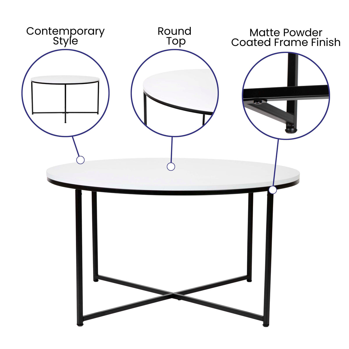White Top/Matte Black Frame |#| White Finish Table Set with Matte Black X Metal Frame-Coffee Table-2 End Tables