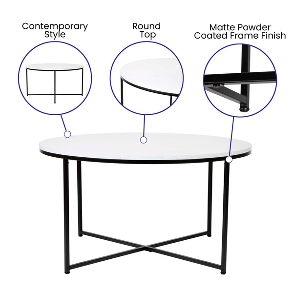 White Top/Matte Black Frame |#| White Finish Table Set with Matte Black X Metal Frame-Coffee Table-2 End Tables