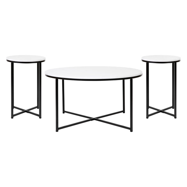 White Marble/Matte Black |#| Marble Finish Table Set with Matte Black X Metal Frame-Coffee Table-2 End Tables
